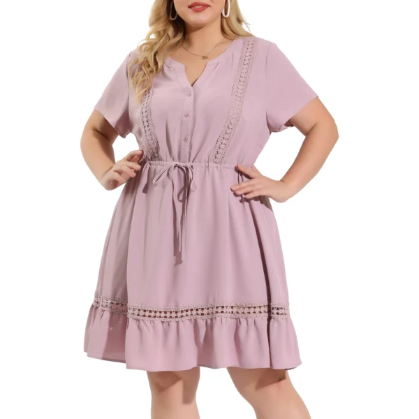 Women's Plus Size V Neck Short Sleeve Tie Waist Ruffle Hem Dresses